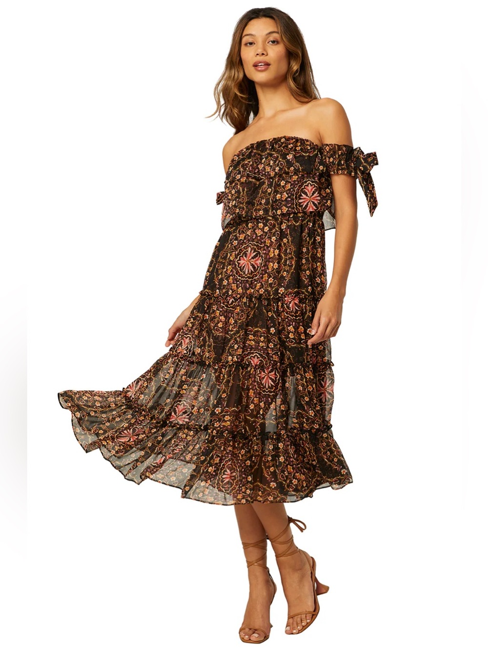 Misa Micaela Las Misas Medallion Off the Shoulder Tiered Flowy Midi Dress Size S